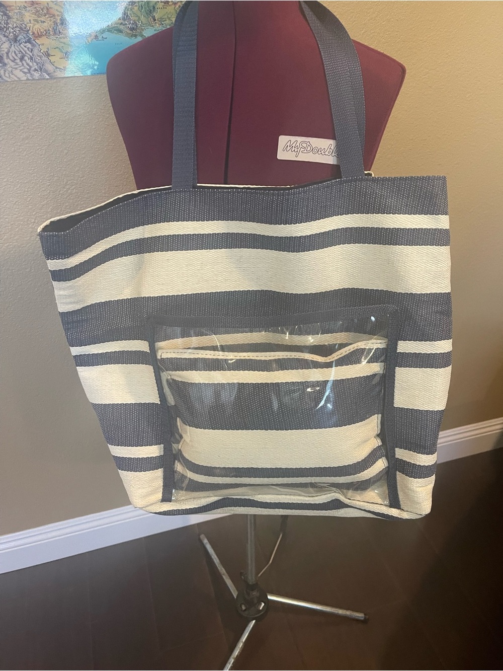 Navy Striped Beach Tote Bag with Mat and Pillow
